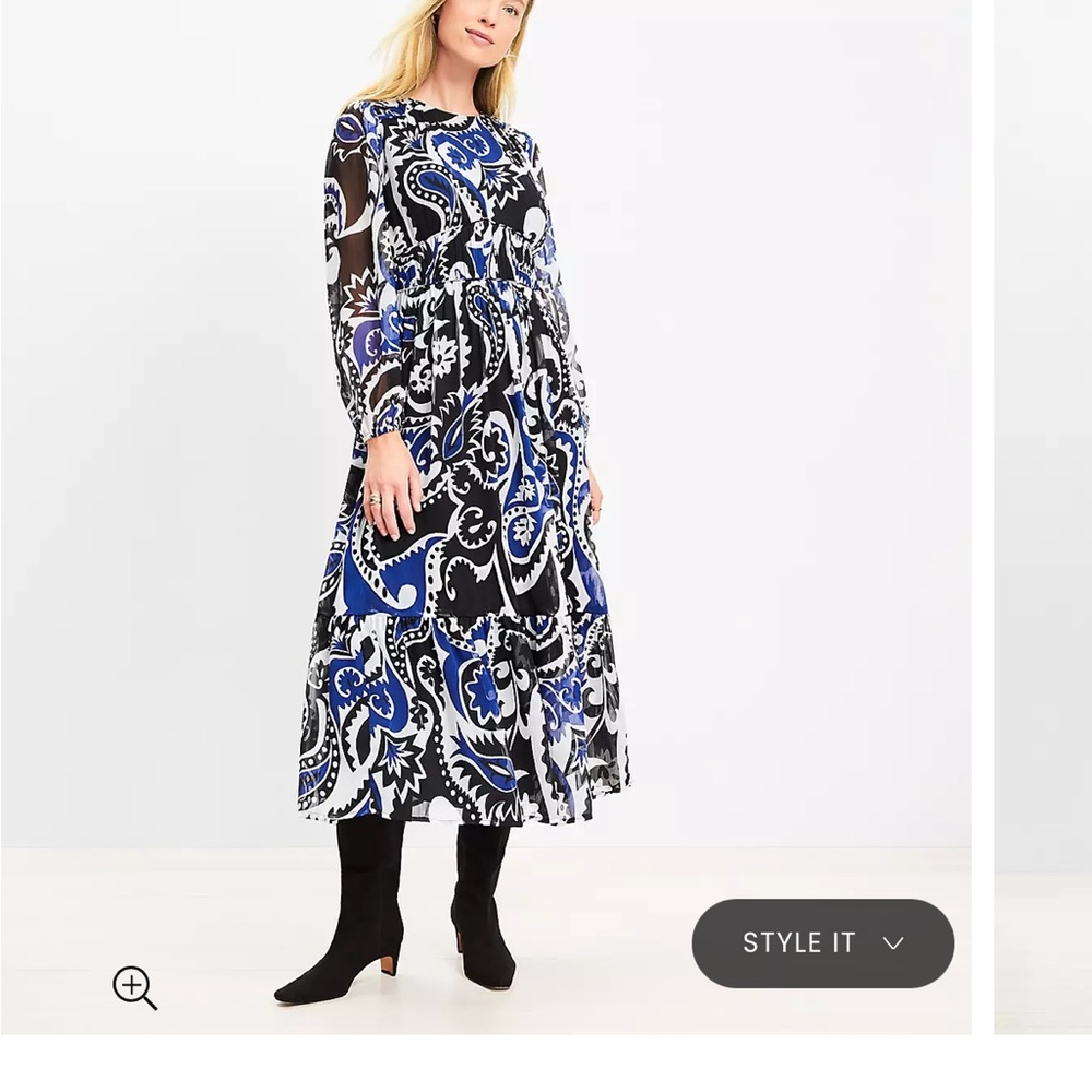LOFT Blue Black A-Line Bishop Sleeve Dress size 14